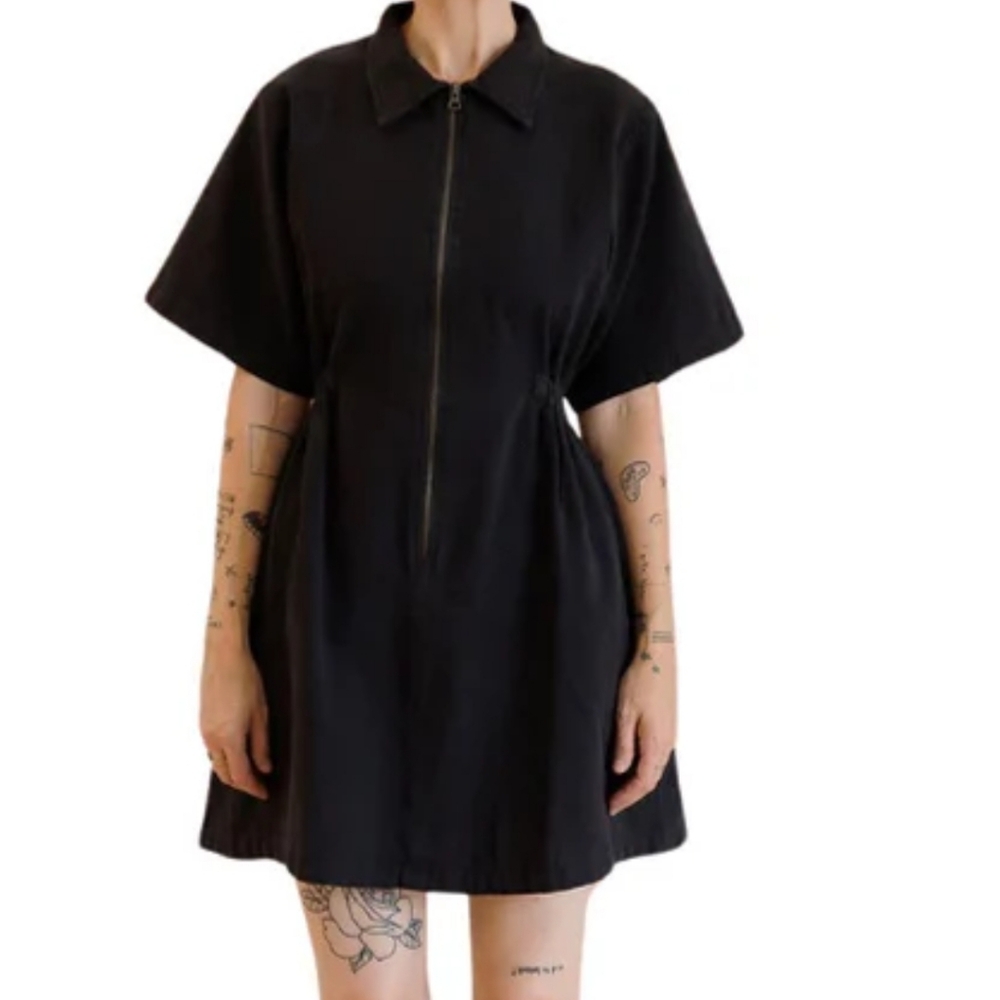 Black Short Sleeve Collar Shirt Dress